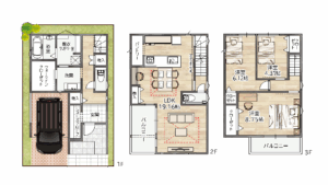 脱衣室とランドリーがセパレート 生活感を見せない、スマートな分離設計。 脱衣室とランドリーを分けるだけで、日常が整う。 1階 ウォークインクローゼット 1階にあるから、帰宅後すぐに“しまえる”WIC。 コートやバッグを片付けて、すっきりと暮らしをスタート。 パントリー 食品や日用品をストックできてとっても便利。 キッチンまわりをすっきりと保てます。 カウンターキッチン 料理中も家族の顔が見える、対面スタイル。 キッチンがコミュニケーションの場に。 ワイドバルコニー 家事にもくつろぎにも使える、ワイドなバルコニー。 3.45mの幅があるから、テーブルセットも充分設置可能。 主寝室（8.75帖） ベッドを置いても動線にゆとりがあり、家具のレイアウトも自在。 上質な眠りとくつろぎのための、贅沢なプライベート空間。